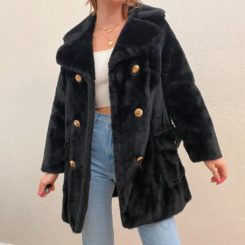 Vintage 1970's Black Faux Fur Double Breasted Coat